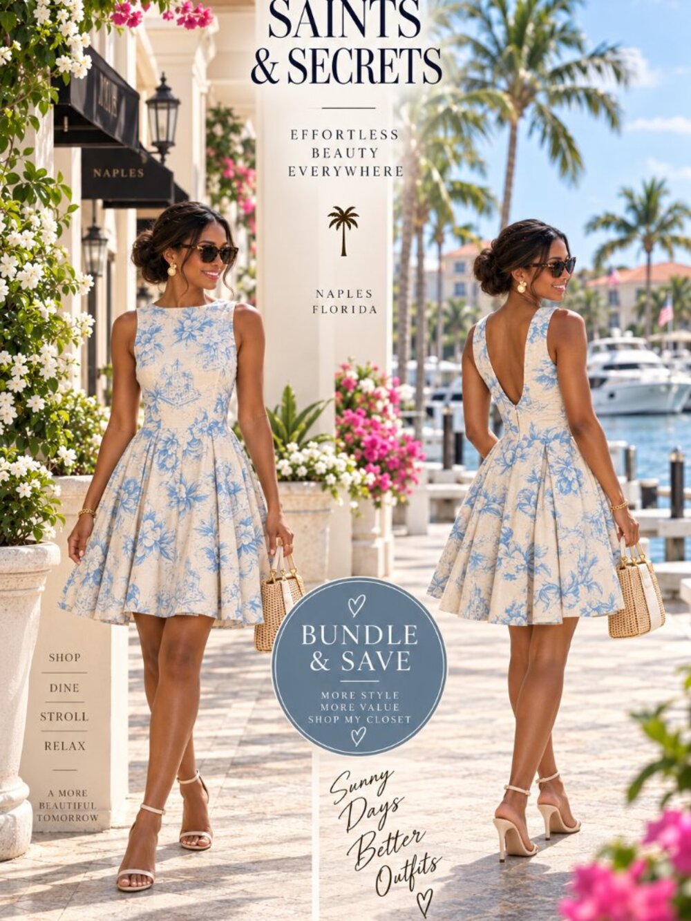 Saints & Secrets XS Blue Ivory Toile Floral Fit & Flare Open Back Dress